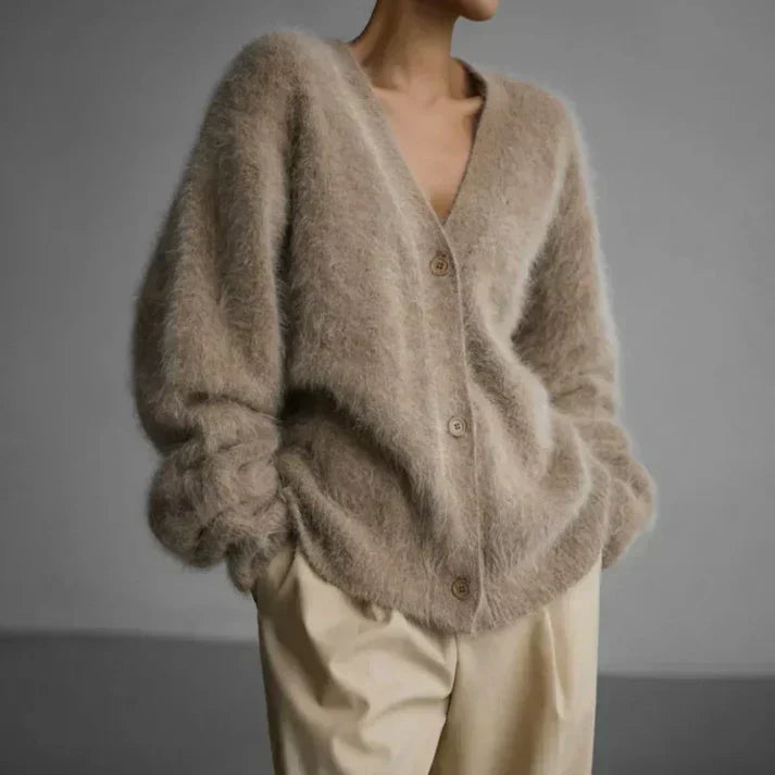 Women's Button-front Cardigan with V-neck – Light Grey