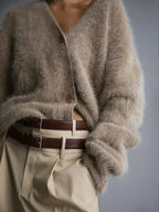 Women's Button-front Cardigan with V-neck – Light Grey