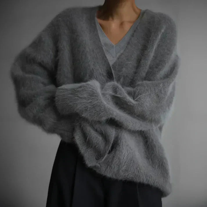 Women's Button-front Cardigan with V-neck – Light Grey