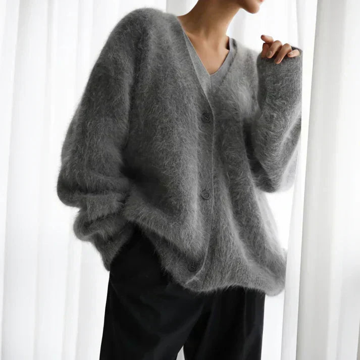 Women's Button-front Cardigan with V-neck – Light Grey