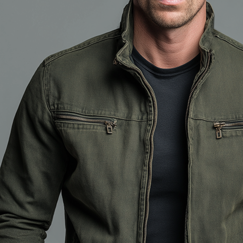 Men's Vintage Zip Jacket with Stand Collar and Zipped Chest Pockets
