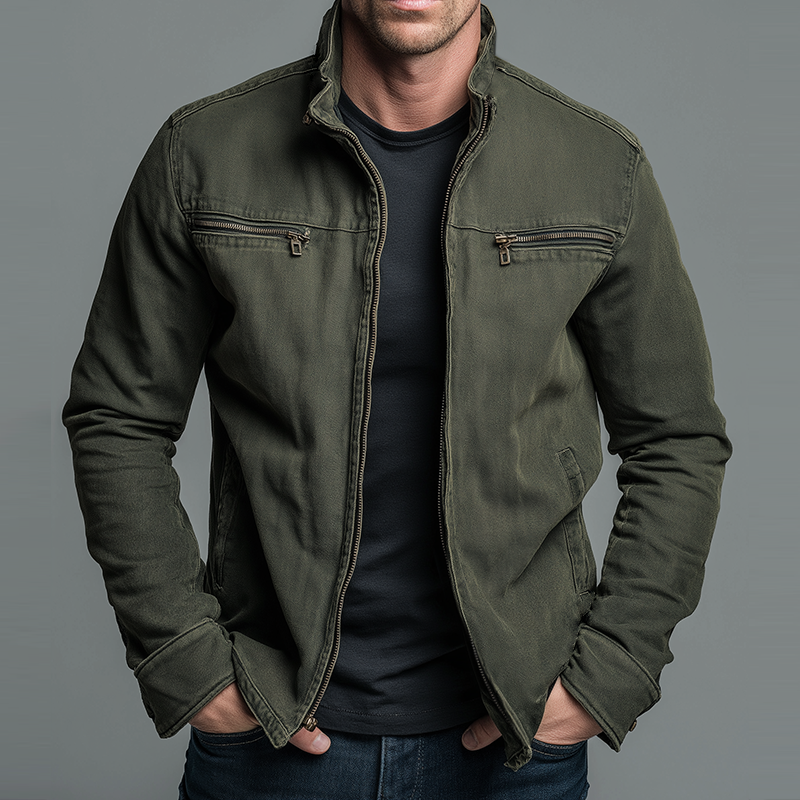 Men's Vintage Zip Jacket with Stand Collar and Zipped Chest Pockets