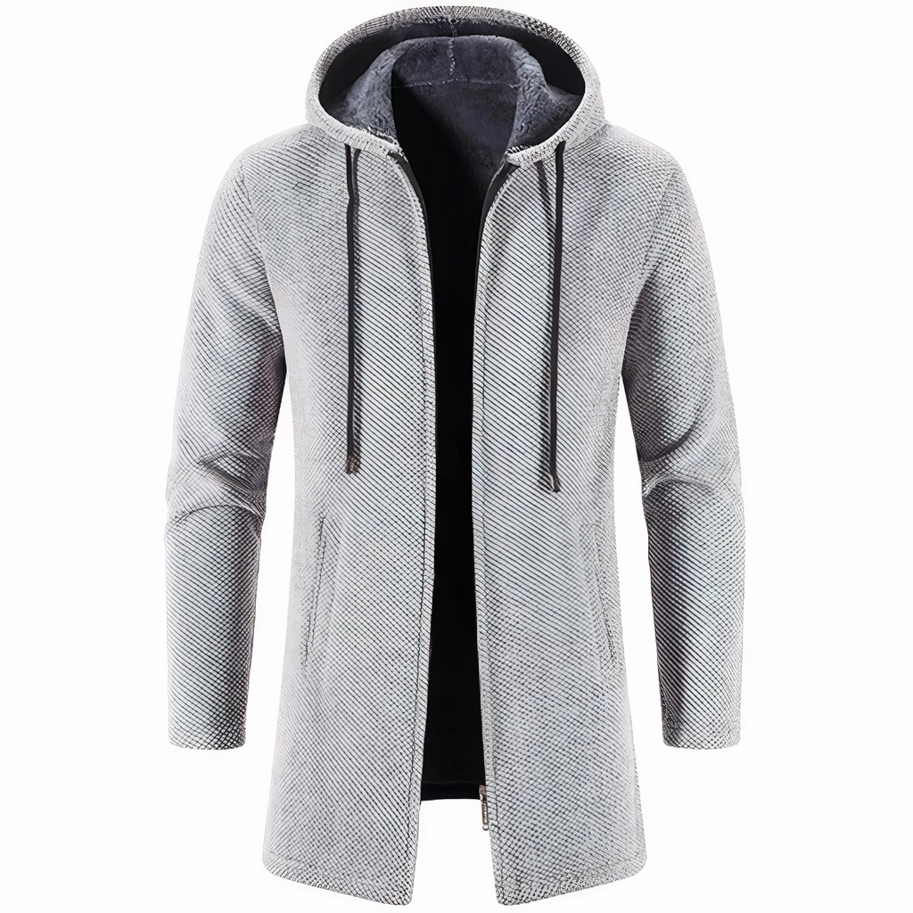 Men's Textured Hooded Long Jacket – Streamlined Zip-Up Layer