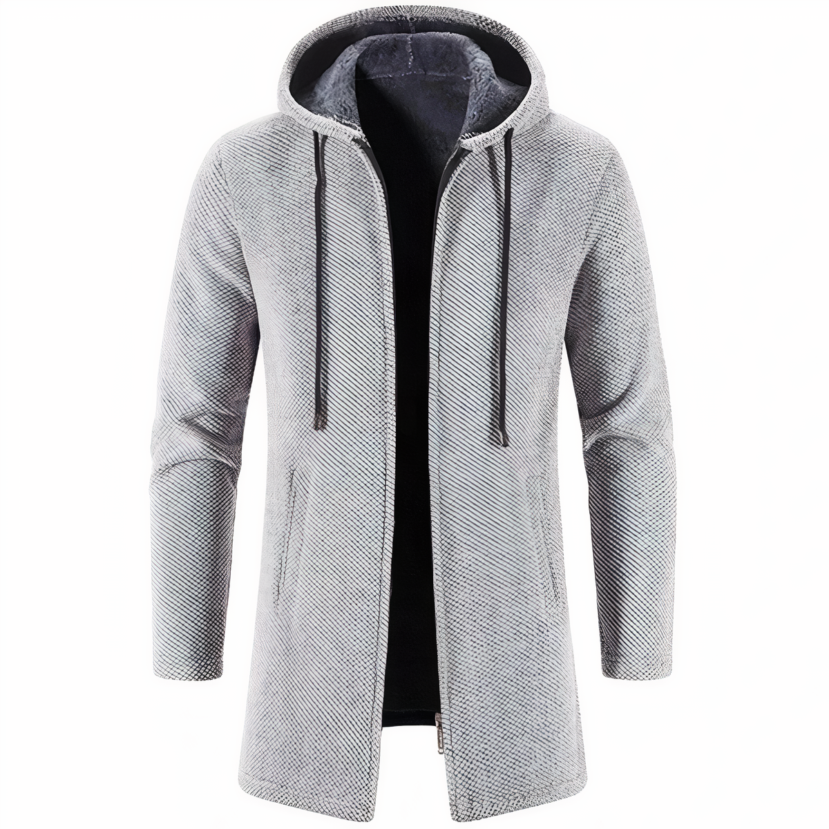 Men's Textured Hooded Long Jacket – Streamlined Zip-Up Layer