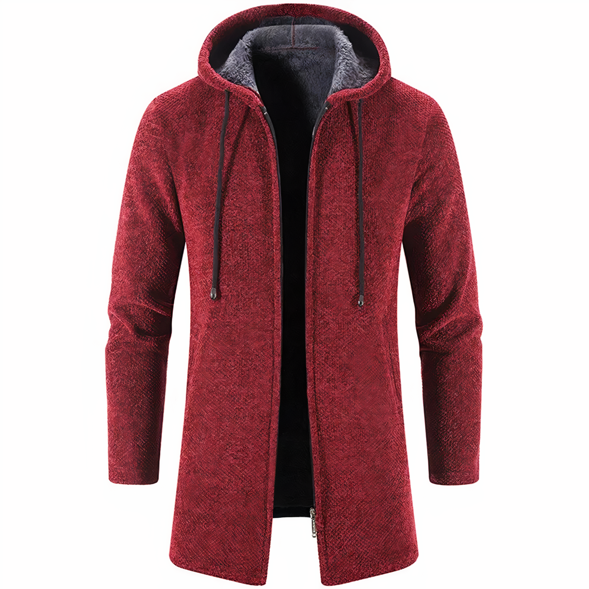 Men's Textured Hooded Long Jacket – Streamlined Zip-Up Layer