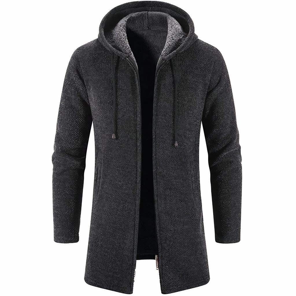 Men's Textured Hooded Long Jacket – Streamlined Zip-Up Layer