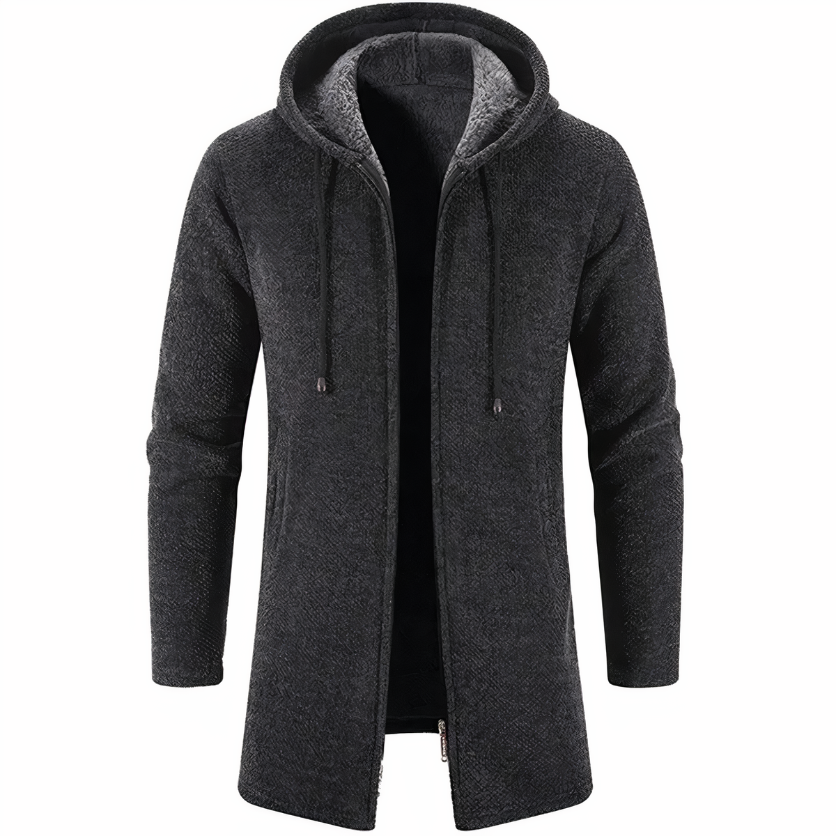Men's Textured Hooded Long Jacket – Streamlined Zip-Up Layer
