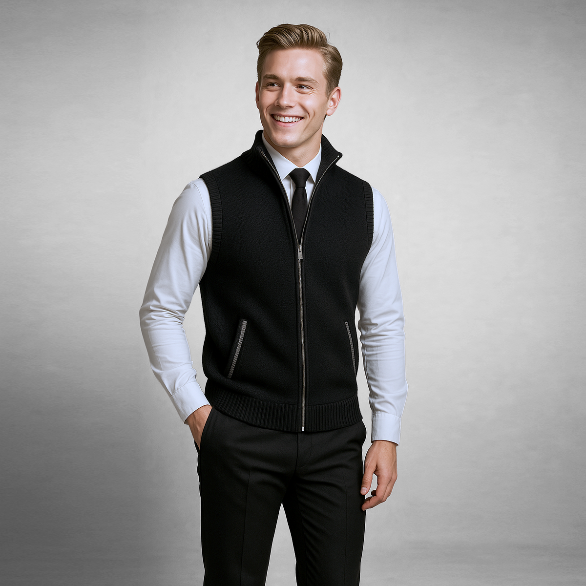Men's Wool-Blend Zip-Through Knitted Gilet with Collar