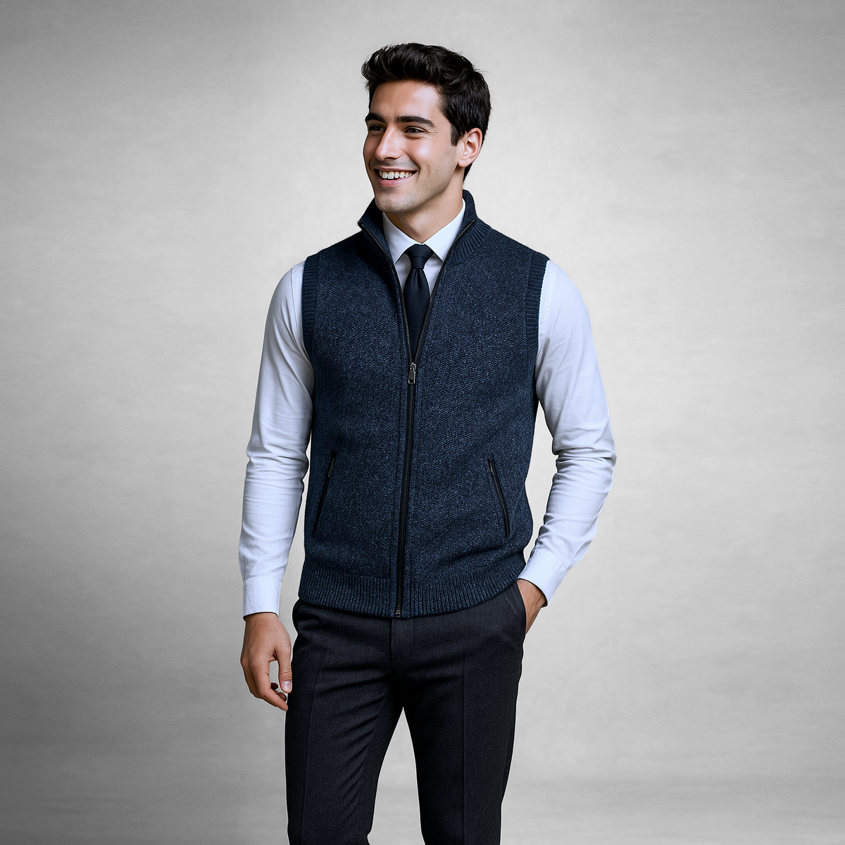 Men's Wool-Blend Zip-Through Knitted Gilet with Collar
