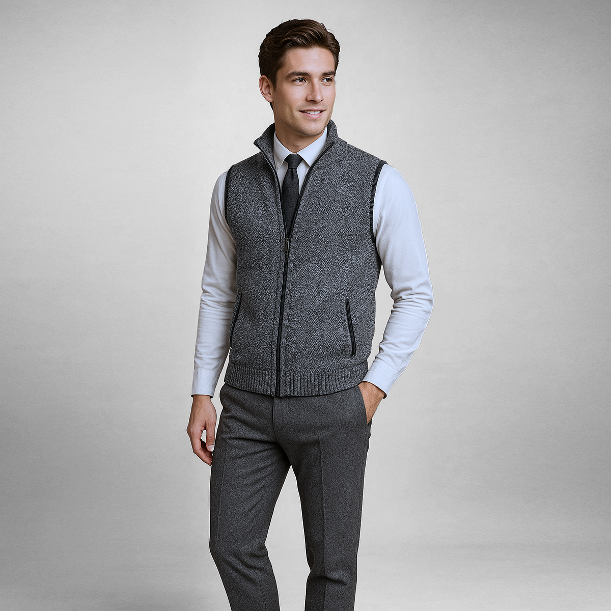 Men's Wool-Blend Zip-Through Knitted Gilet with Collar