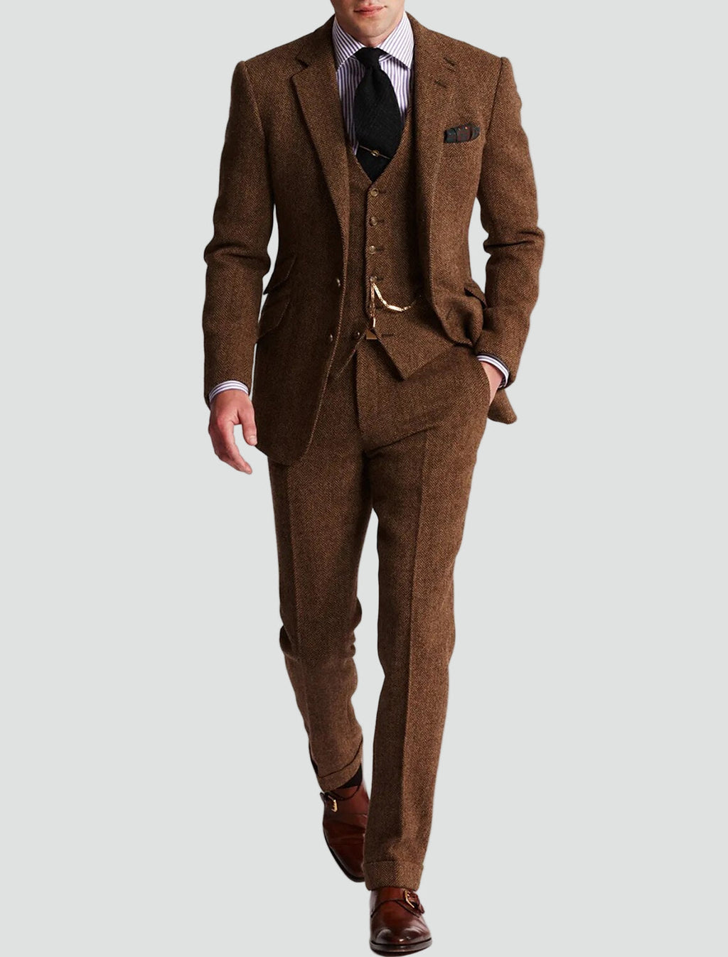 Men's Three-Piece Tweed-Style Suit with Pocket-Watch Chain