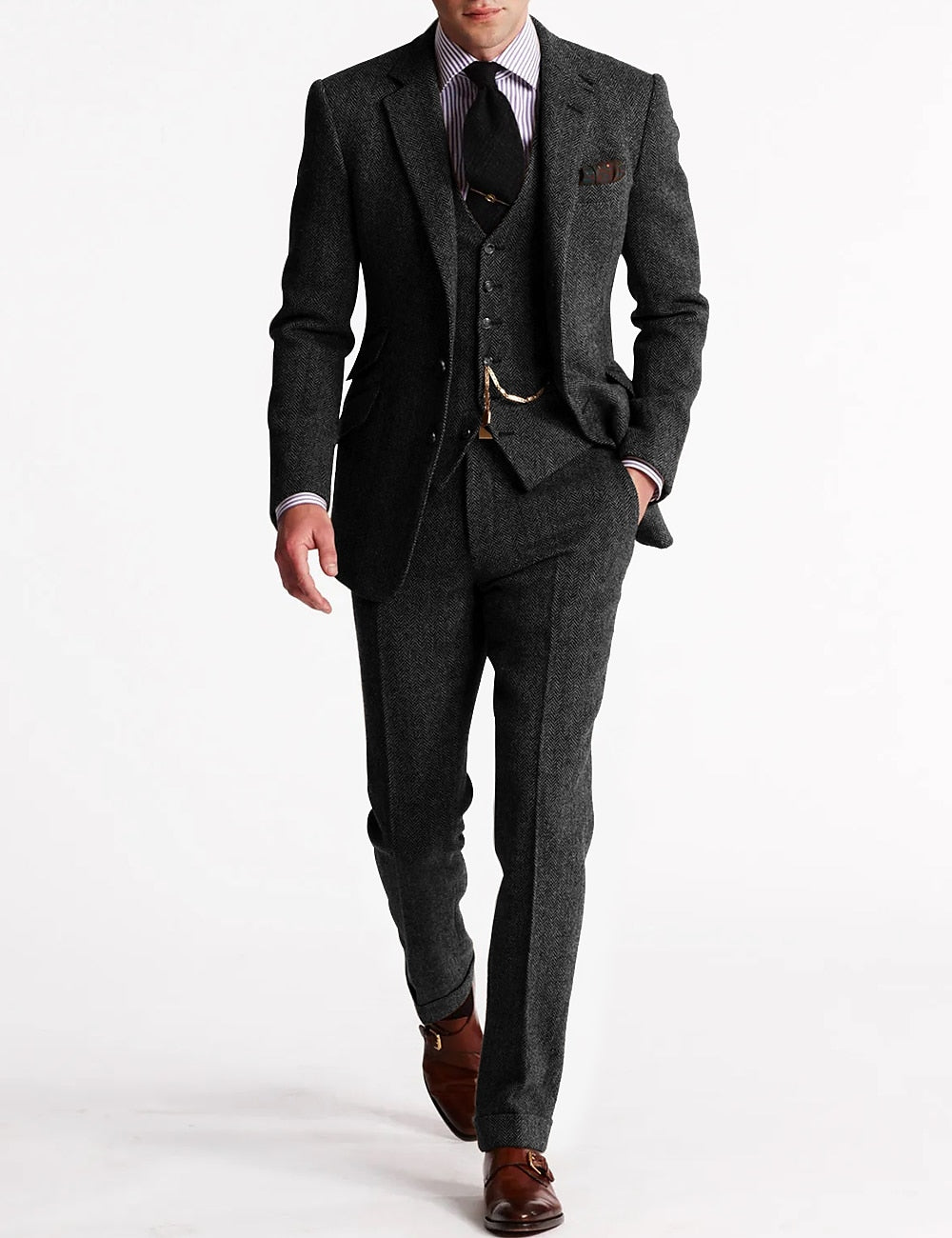Men's Three-Piece Tweed-Style Suit with Pocket-Watch Chain