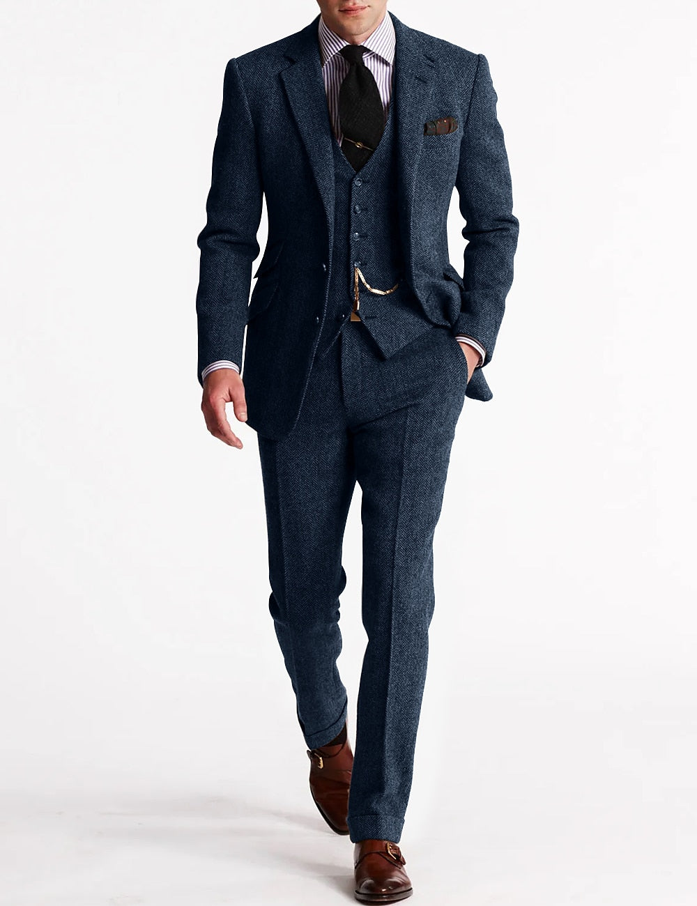 Men's Three-Piece Tweed-Style Suit with Pocket-Watch Chain
