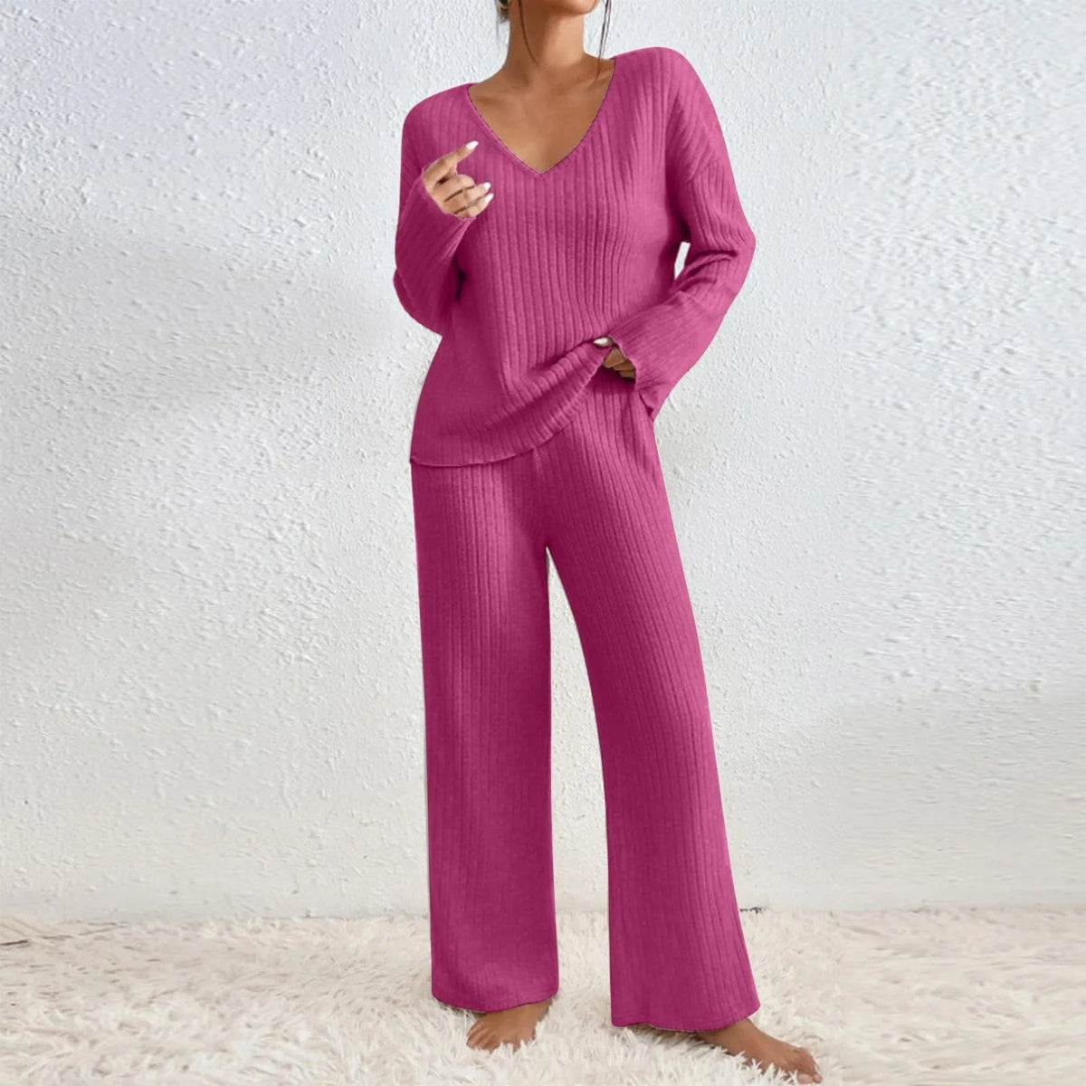 Women's Two-piece Trouser Lounge Set with V-neck and loose fit