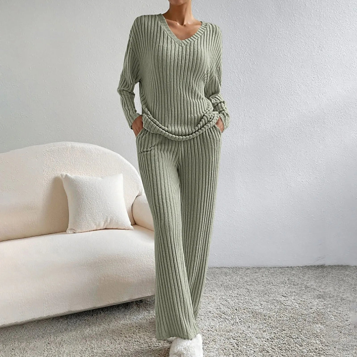 Women's Two-piece Trouser Lounge Set with V-neck and loose fit