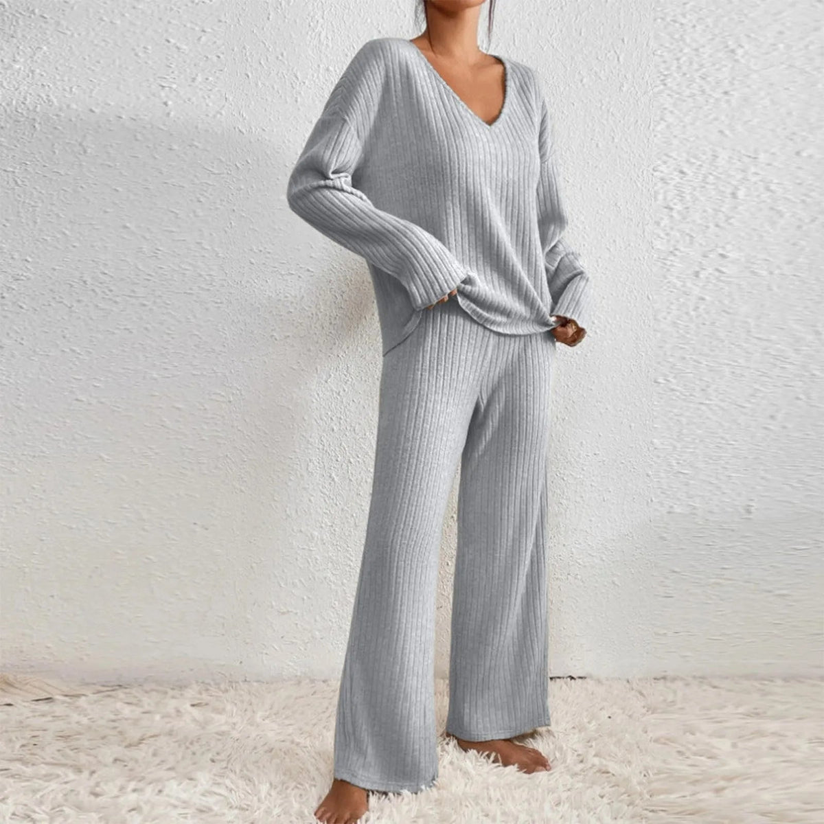 Women's Two-piece Trouser Lounge Set with V-neck and loose fit