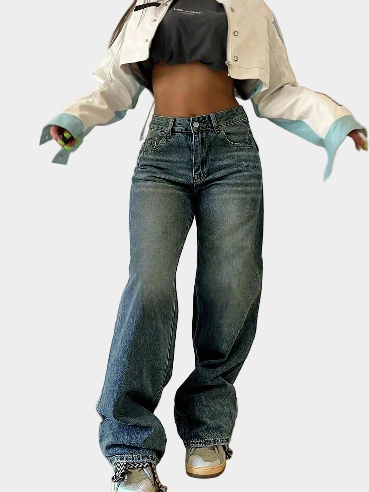 Women's Straight Leg Jeans with loose straight legs and elastic waist
