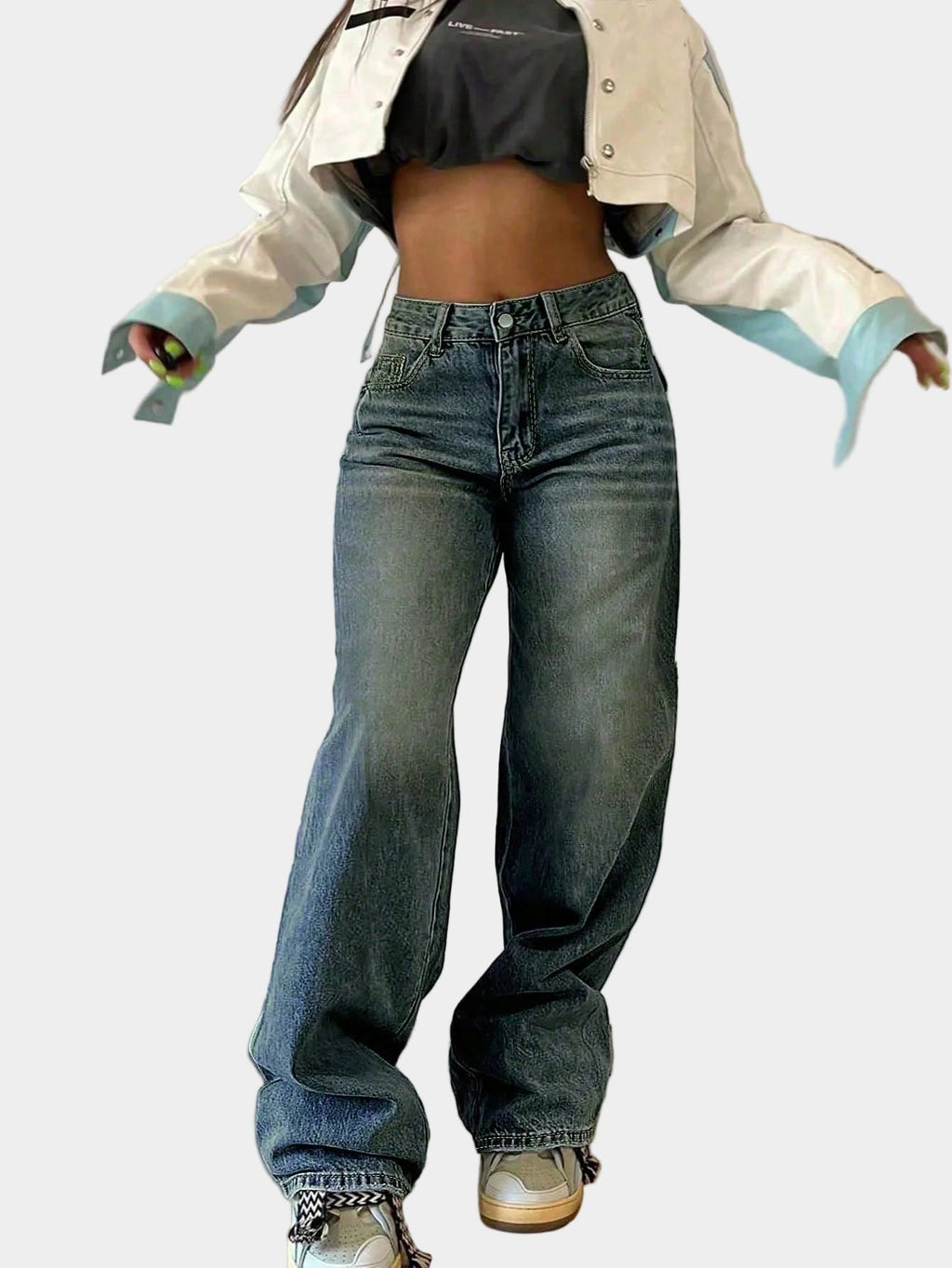 Women's Straight Leg Jeans with loose straight legs and elastic waist