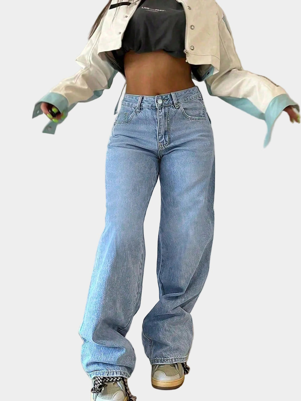 Women's Straight Leg Jeans with loose straight legs and elastic waist