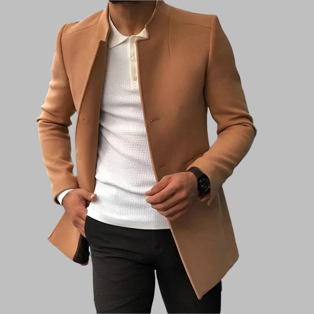 Men's Tailored Stand Collar Coat with Clean Front