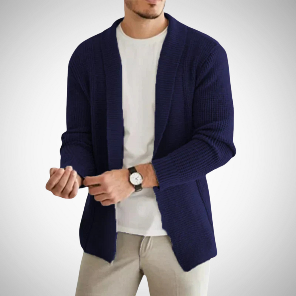 Men's Open-Front Knit Cardigan – Textured Shawl-Collar Layer