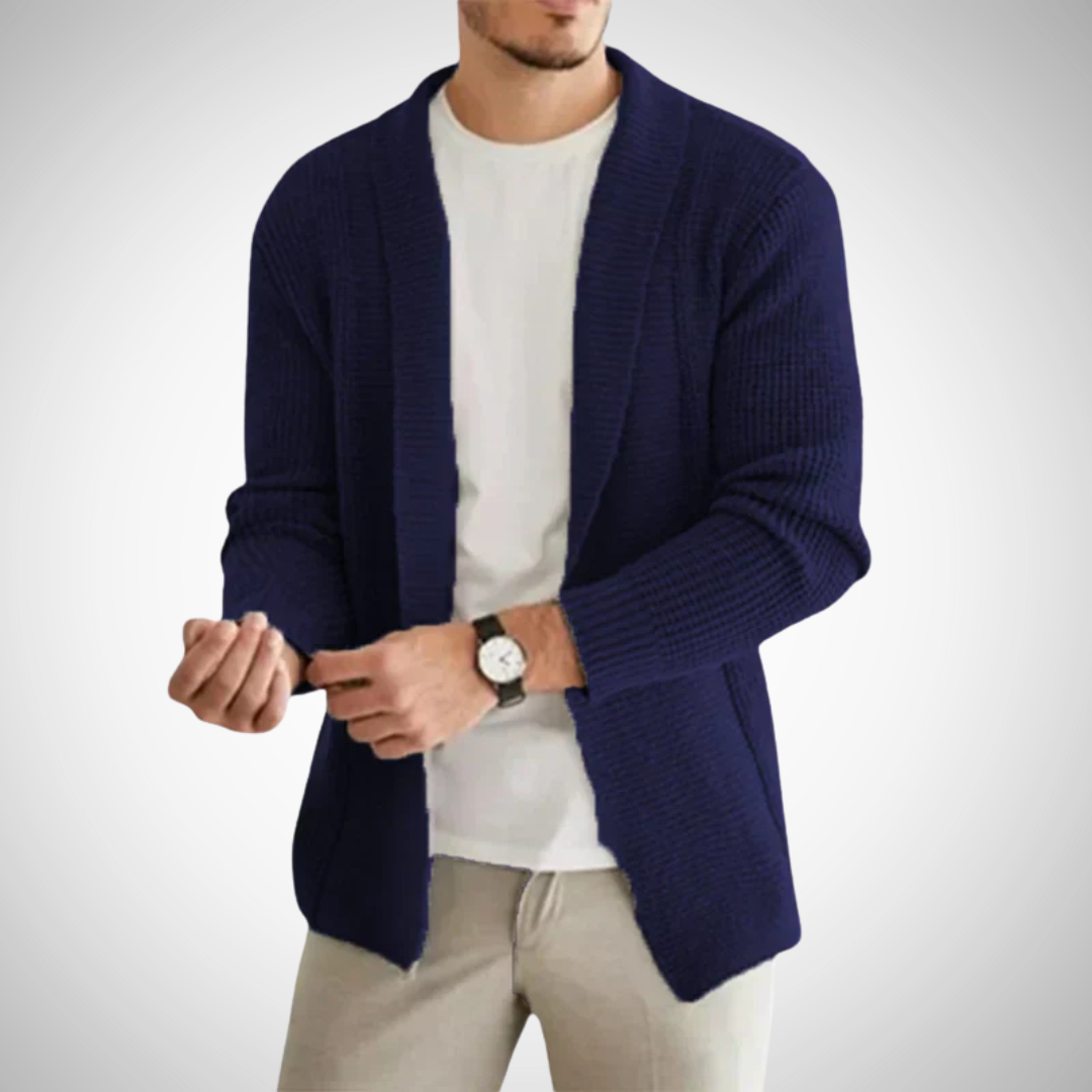 Men's Open-Front Knit Cardigan – Textured Shawl-Collar Layer