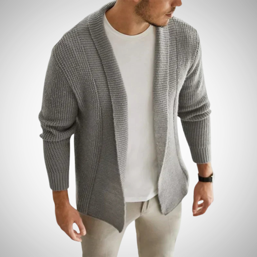 Men's Open-Front Knit Cardigan – Textured Shawl-Collar Layer