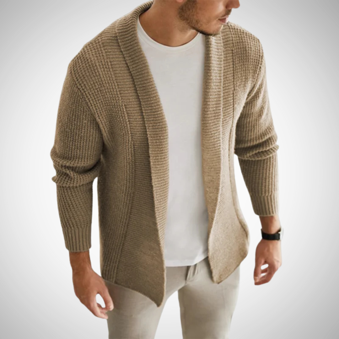 Men's Open-Front Knit Cardigan – Textured Shawl-Collar Layer