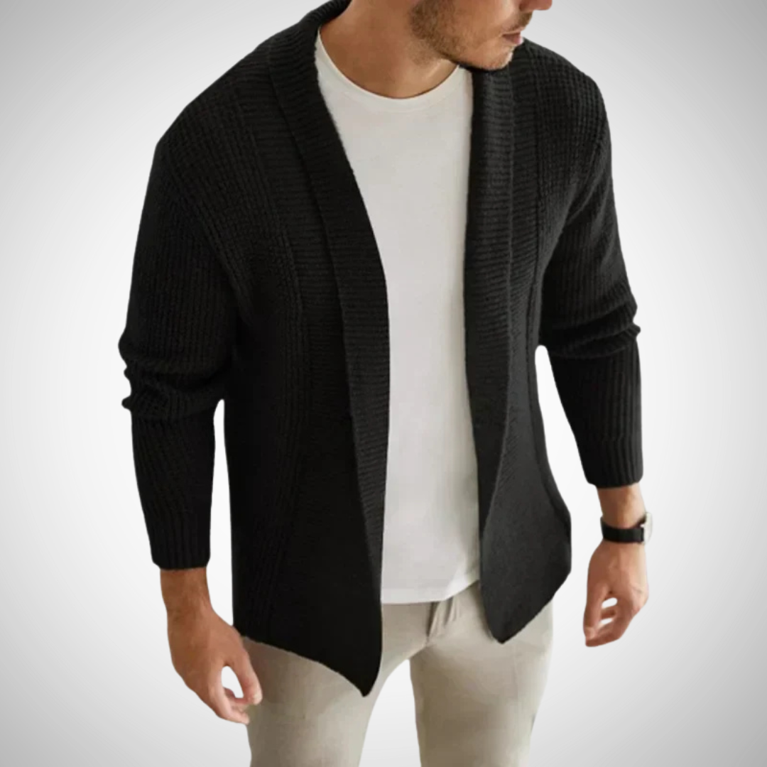 Men's Open-Front Knit Cardigan – Textured Shawl-Collar Layer