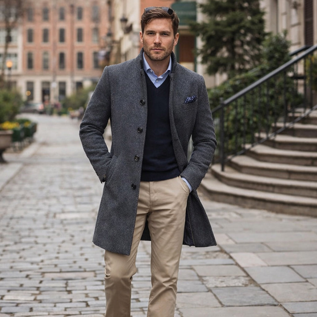 Men's Single-Breasted Wool-Blend Trench Coat – Mid Length