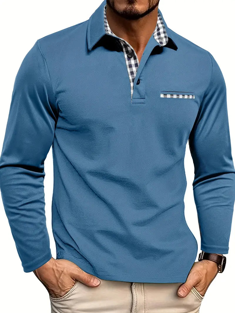 Men's Long Sleeve Polo with Check Contrast Collar