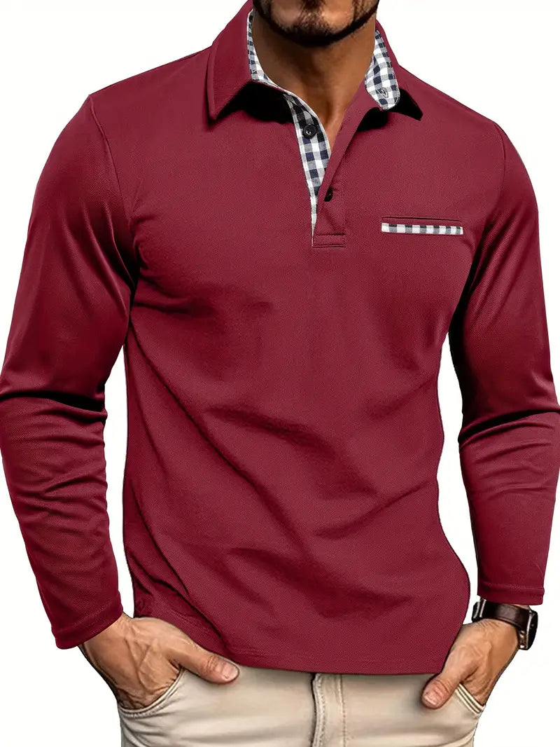 Men's Long Sleeve Polo with Check Contrast Collar