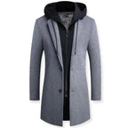 Men's Layered Hooded Overcoat – Tailored Button-Front Coat with Zip Hooded Insert