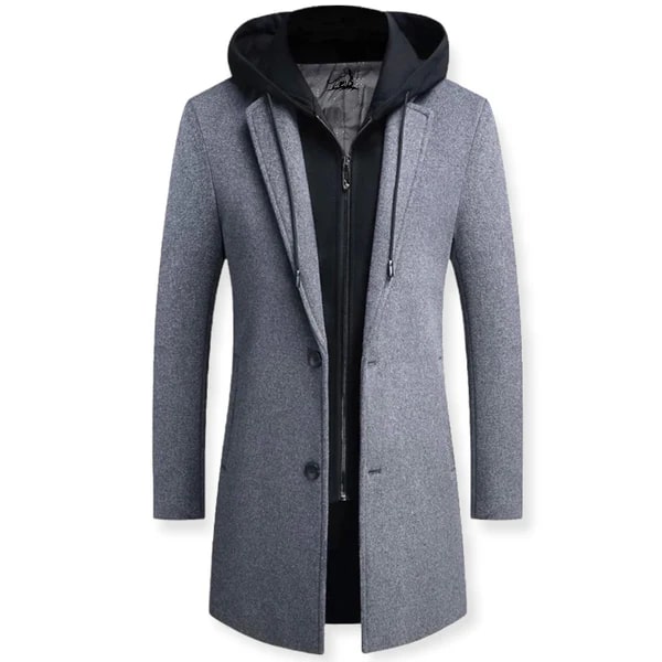 Men's Layered Hooded Overcoat – Tailored Button-Front Coat with Zip Hooded Insert