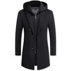 Men's Layered Hooded Overcoat – Tailored Button-Front Coat with Zip Hooded Insert