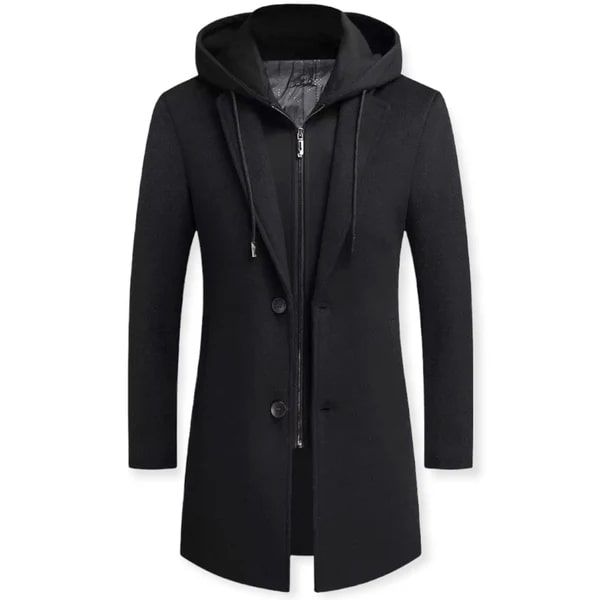 Men's Layered Hooded Overcoat – Tailored Button-Front Coat with Zip Hooded Insert