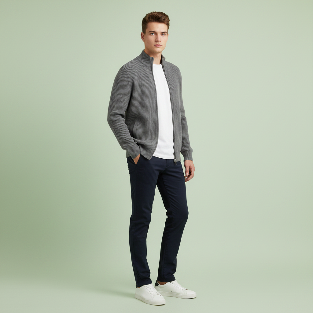 Men's Stand-Collar Zip Cardigan – Slim-Fit Ribbed Knit