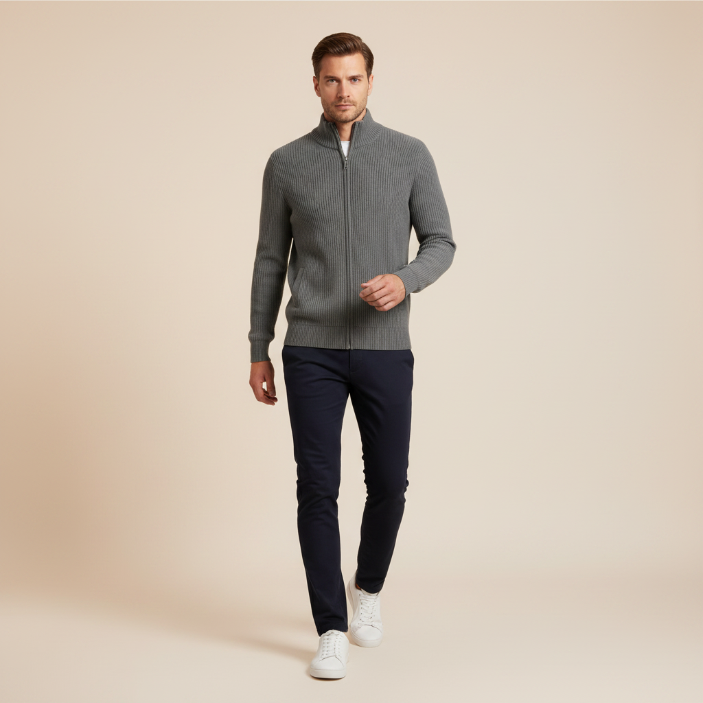 Men's Stand-Collar Zip Cardigan – Slim-Fit Ribbed Knit