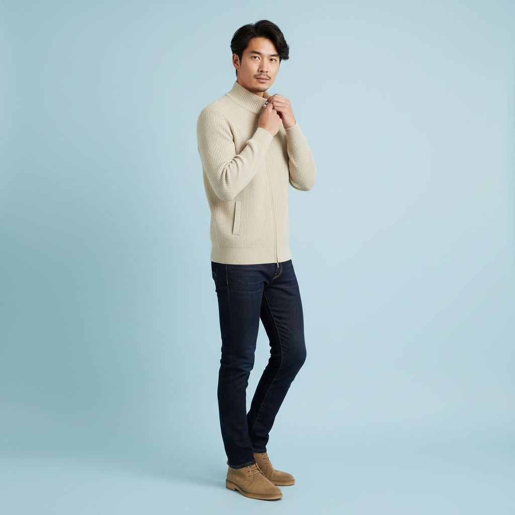 Men's Stand-Collar Zip Cardigan – Slim-Fit Ribbed Knit