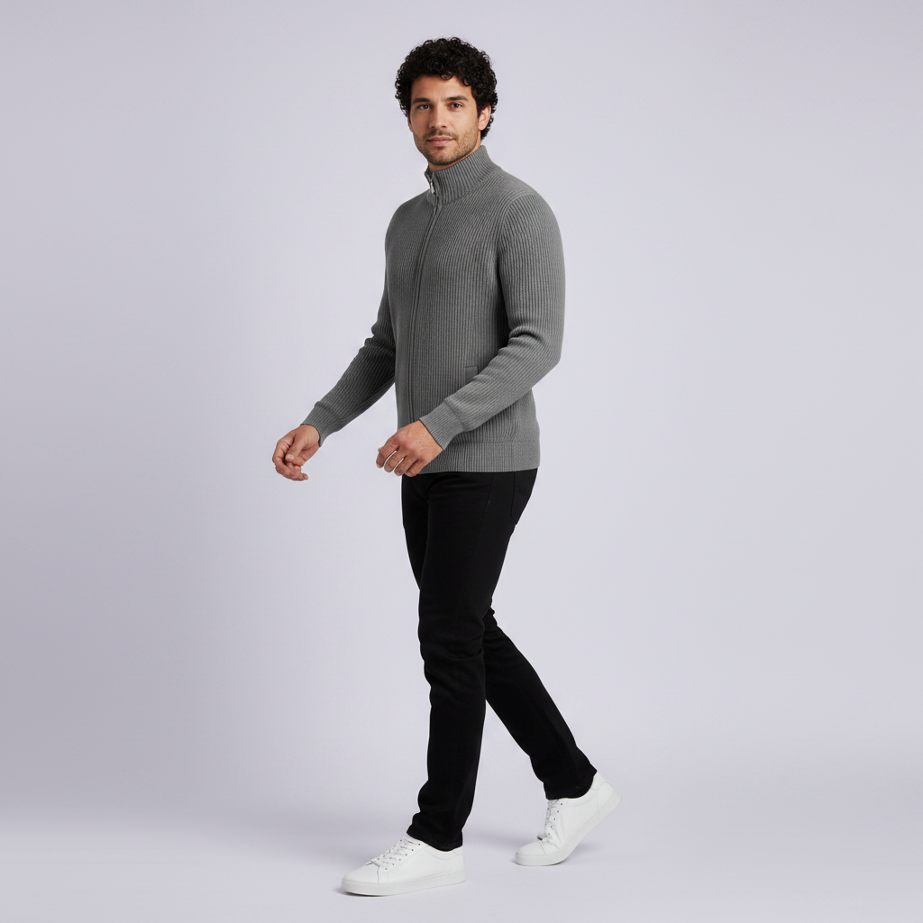 Men's Stand-Collar Zip Cardigan – Slim-Fit Ribbed Knit