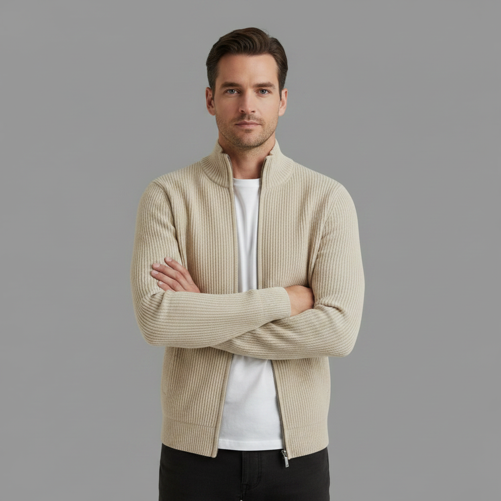 Men's Stand-Collar Zip Cardigan – Slim-Fit Ribbed Knit