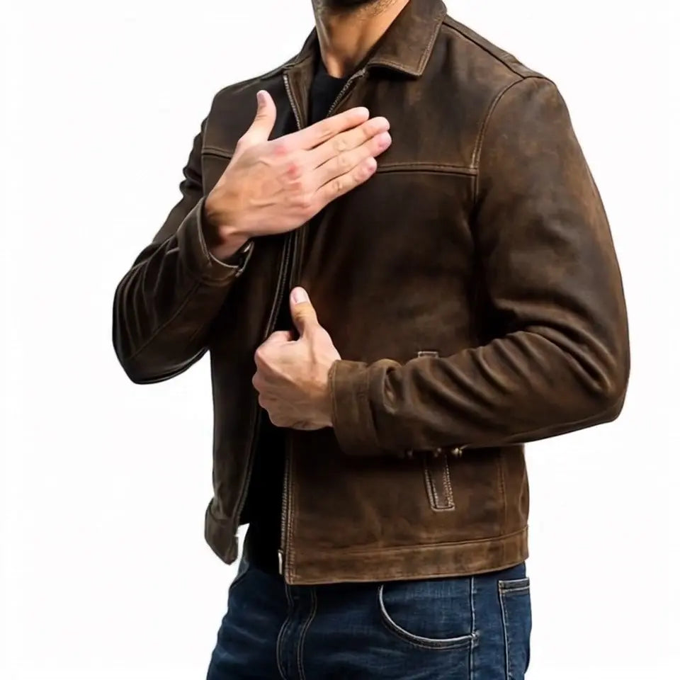 Men's Leather-Look Zip-Up Biker Jacket – Fitted