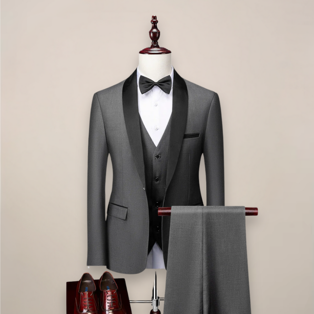 Men's Three-Piece Tuxedo with Satin Shawl Lapel – Jacket, Waistcoat and Slim Trousers