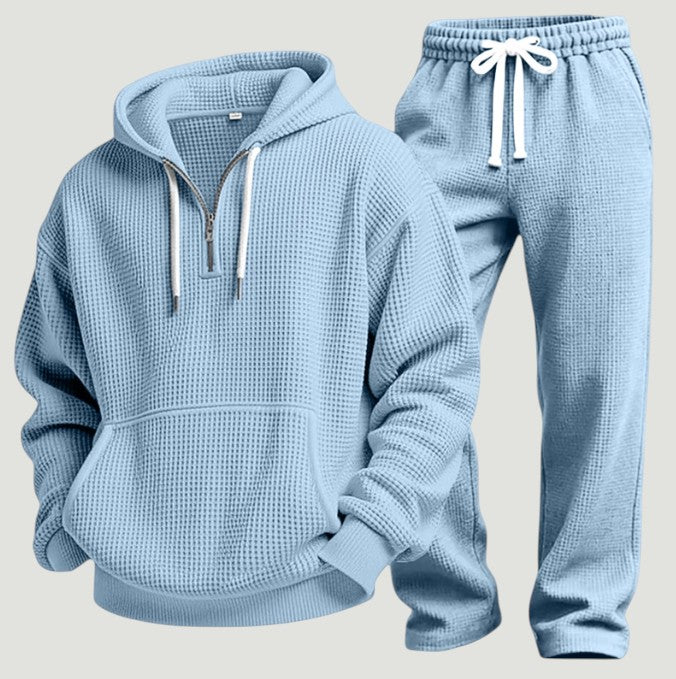 Men's Waffle-Knit Tracksuit – Relaxed Half-Zip Hoodie and Joggers