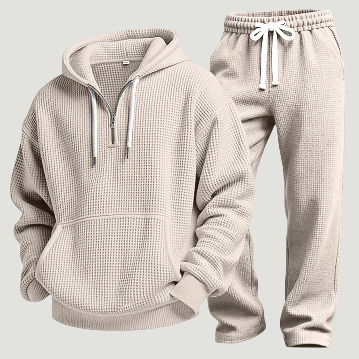 Men's Waffle-Knit Tracksuit – Relaxed Half-Zip Hoodie and Joggers