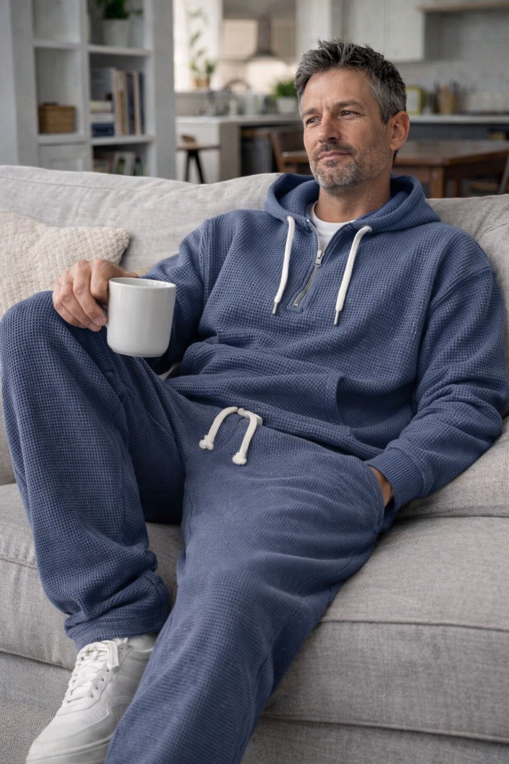 Men's Waffle-Knit Tracksuit – Relaxed Half-Zip Hoodie and Joggers