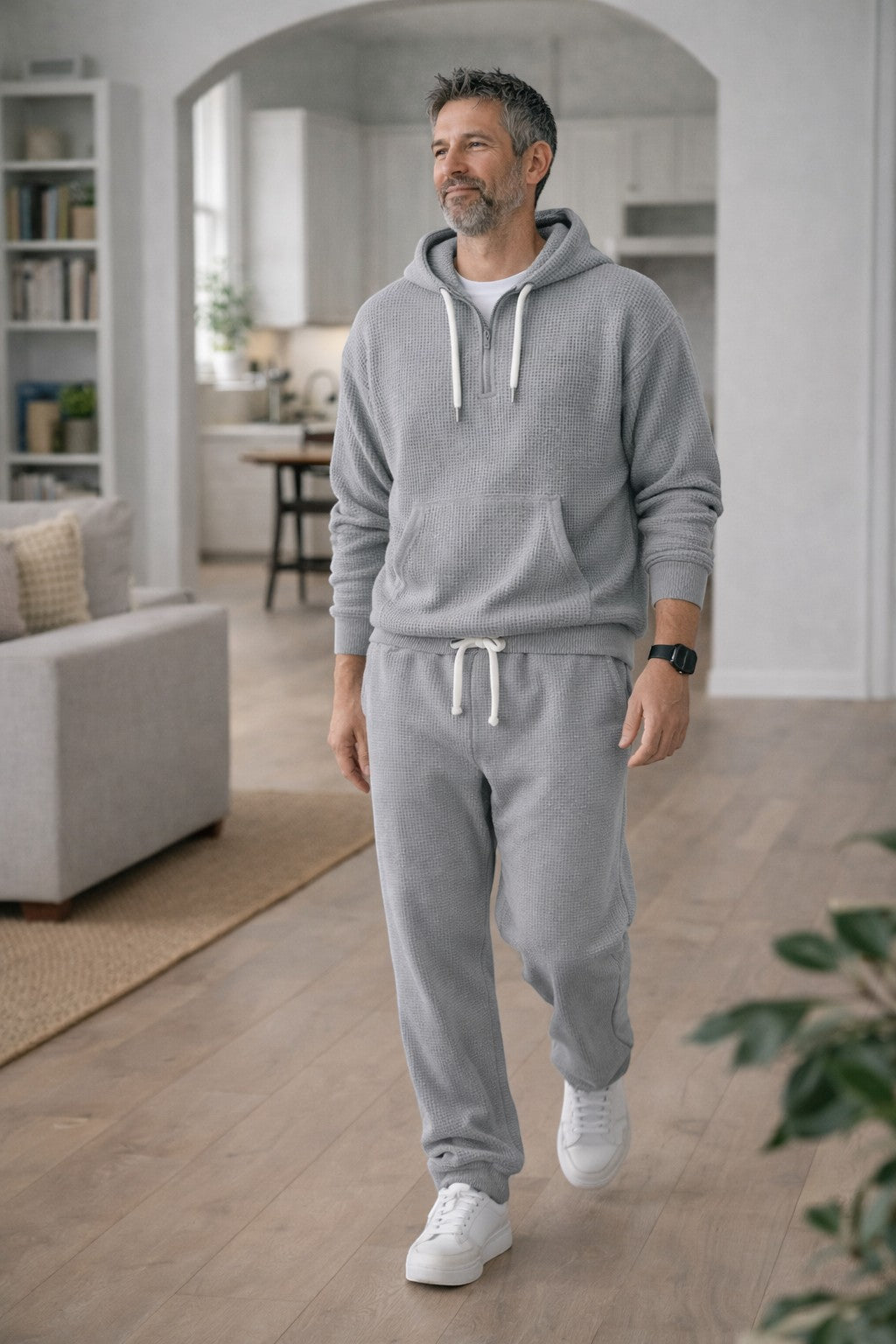 Men's Waffle-Knit Tracksuit – Relaxed Half-Zip Hoodie and Joggers