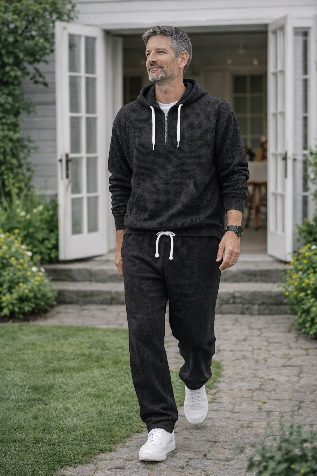 Men's Waffle-Knit Tracksuit – Relaxed Half-Zip Hoodie and Joggers