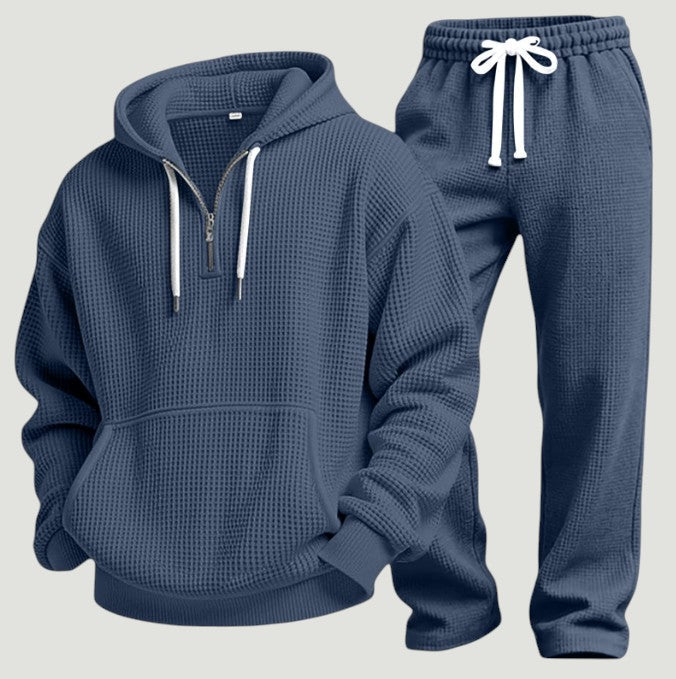 Men's Waffle-Knit Tracksuit – Relaxed Half-Zip Hoodie and Joggers