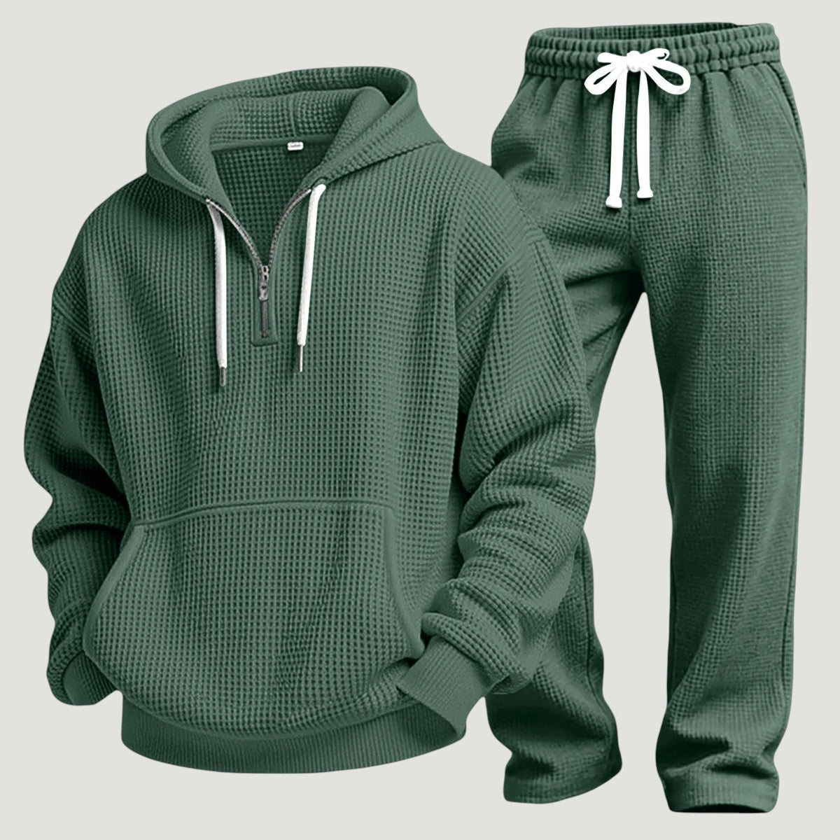Men's Waffle-Knit Tracksuit – Relaxed Half-Zip Hoodie and Joggers